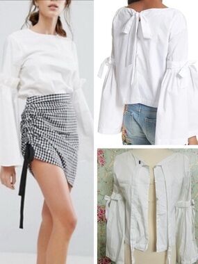 NWOT Free People pleats & bow tie detail sleeves poplin REVERSIBLE blouse Medium